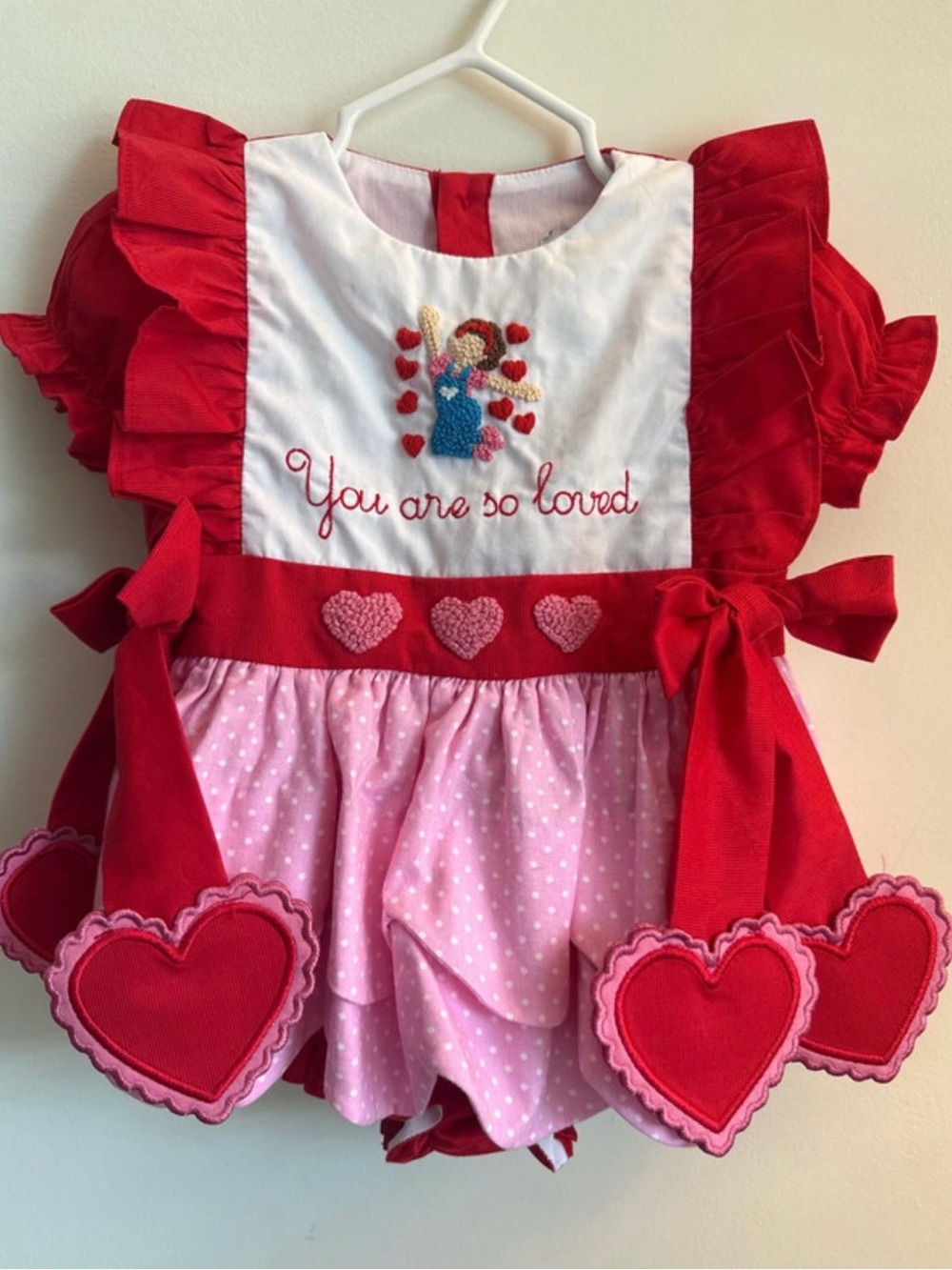 Red & Pink Heart-Trim Girls Romper - "You Are So Loved" Embroidery